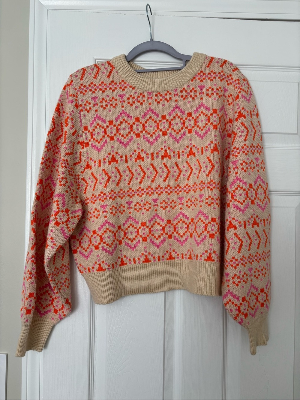 Divided Beige Crewneck Sweater with Pink & Orange Fair Isle